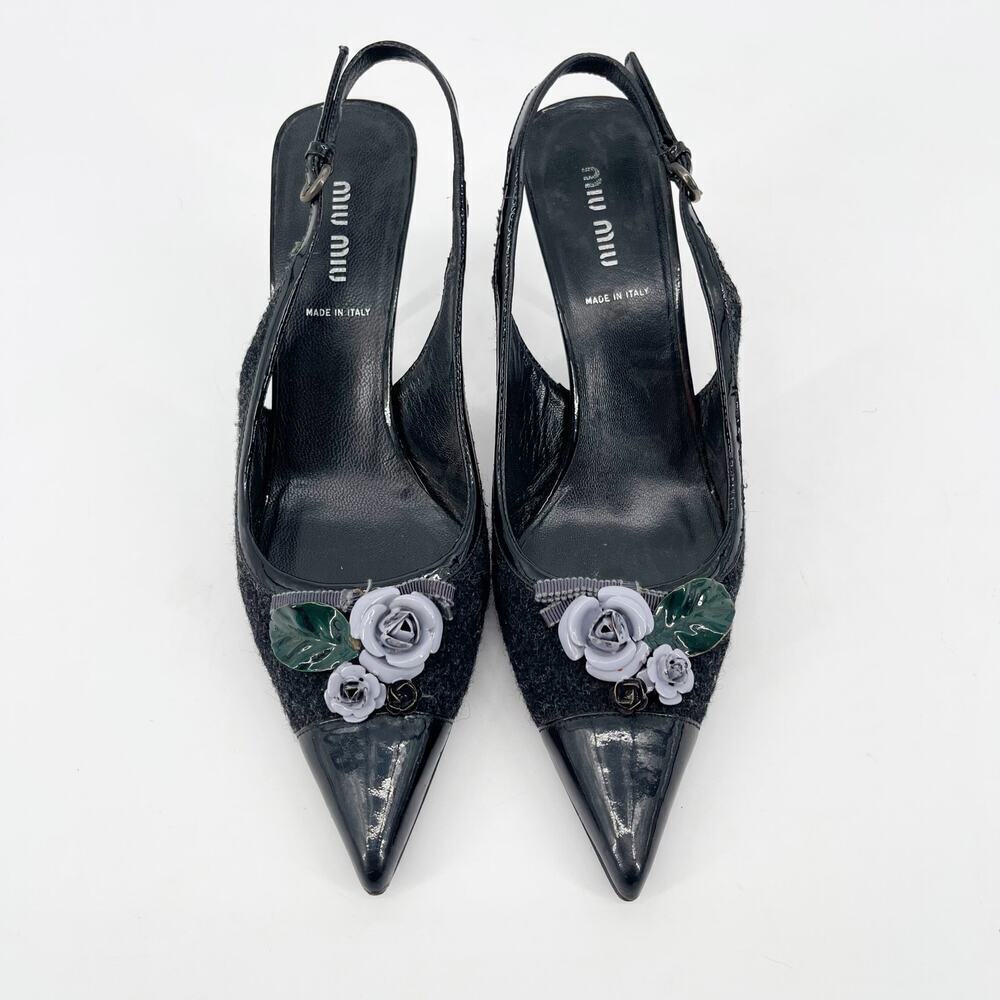 Miu Miu Vintage Wool Patent Cap Toe Floral Appliqué Slingback Heels IT 38 - Picture 5 of 13